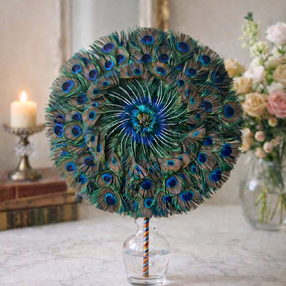 Vintage Peacock Feather Fan Full Round Display Fan Hollywood Regency Decor